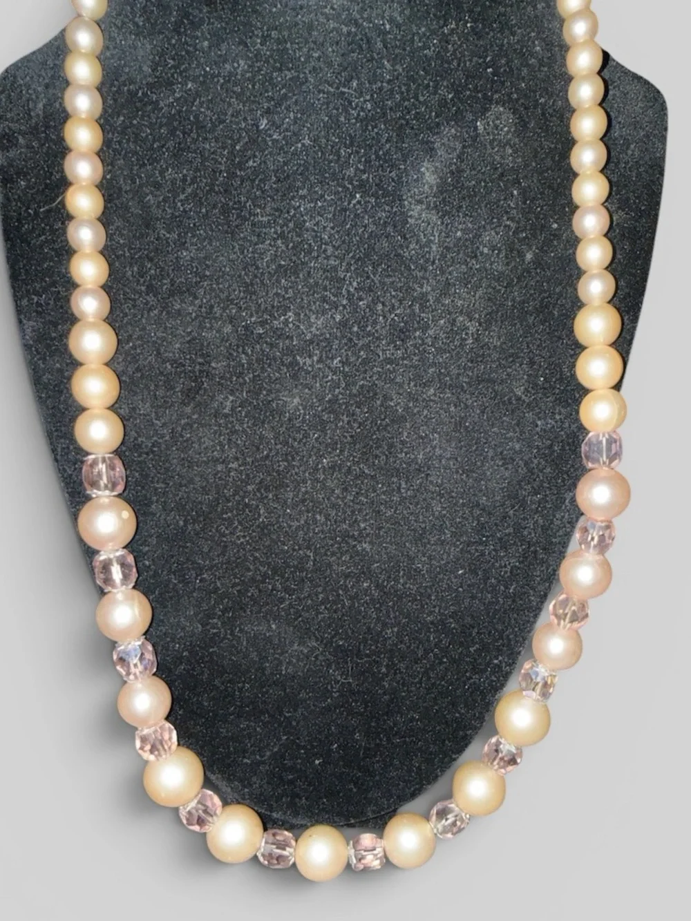 Vintage Faux Champagne Pearl and Pink Crystal Necklace 24”